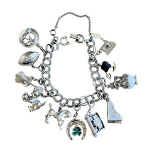 VTG Monet‎ Charm Loaded Bracelet Dangle 11 Charms Horse Cat Piano Horseshoe Ball